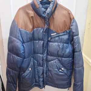 Navy Blue Quilted Puffer Jacket with Suede Shoulders and High Collar
